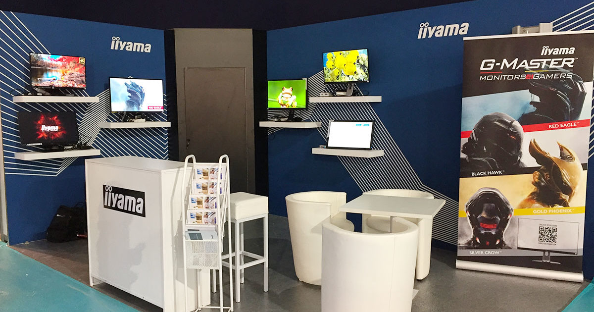 Conception stand sur mesure pour présentation de moniteurs d'écrans. Pour la société Iiyama